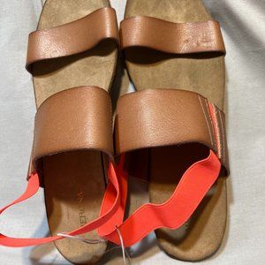 Target’s Merona Flat Sling Back Sandals Beige with Neon Orange Straps Si…